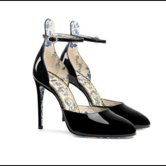 Gucci Daisy Black Patent Leather Ankle Strap Heels Size 39 - Picture 1 of 14